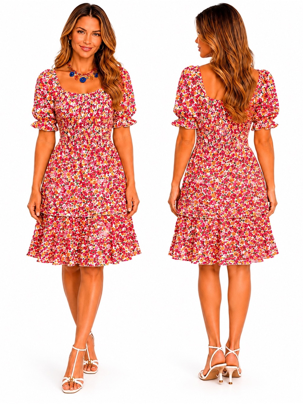 Floral Smocked Midi Dress Women’s 2X Puff Sleeve Cottagecore Pink Multi
